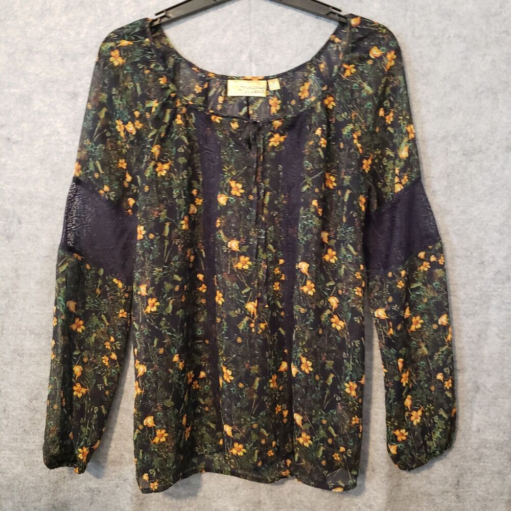 Princess Vera Wang Top Small Floral  Cottagecore Peasant Blouse Lace Accents